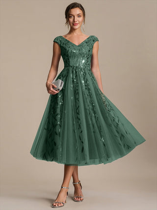 Sleeveless V-Neck Sequin A-Line Midi Wedding Guest Dresses
