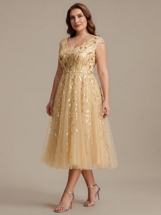 Sleeveless V-Neck Sequin A-Line Midi Wedding Guest Dresses
