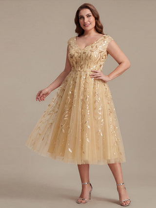 Sleeveless V-Neck Sequin A-Line Midi Wedding Guest Dresses