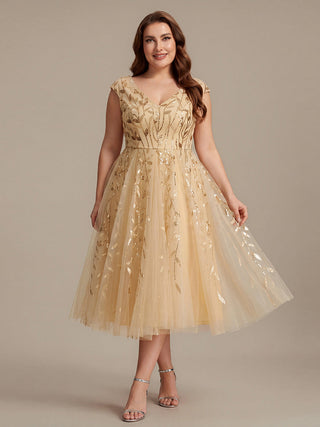 Sleeveless V-Neck Sequin A-Line Midi Wedding Guest Dresses