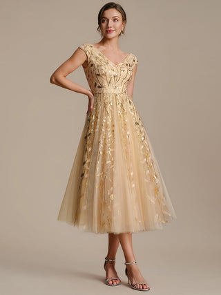 Sleeveless V-Neck Sequin A-Line Midi Wedding Guest Dresses