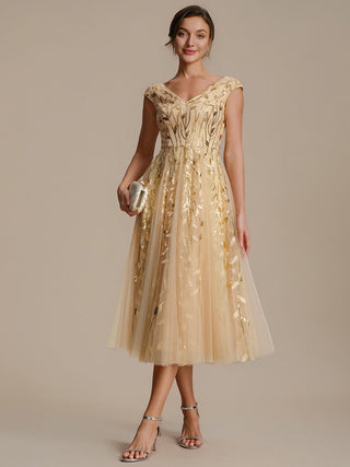 Sleeveless V-Neck Sequin A-Line Midi Wedding Guest Dresses