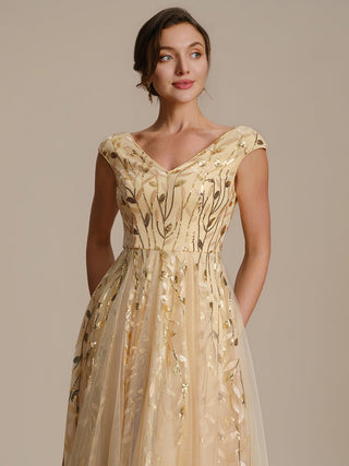 Sleeveless V-Neck Sequin A-Line Midi Wedding Guest Dresses