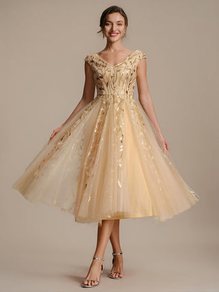 Sleeveless V-Neck Sequin A-Line Midi Wedding Guest Dresses