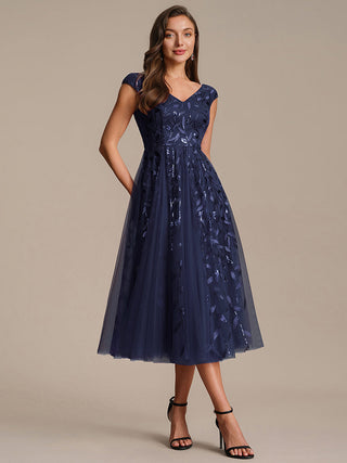 Sleeveless V-Neck Sequin A-Line Midi Wedding Guest Dresses