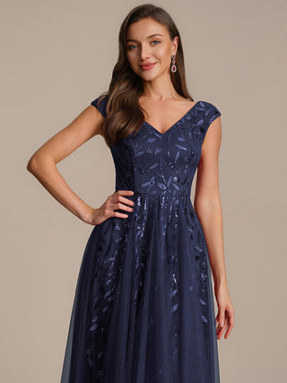 Sleeveless V-Neck Sequin A-Line Midi Wedding Guest Dresses