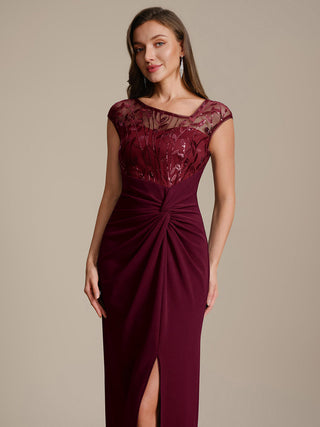 Cap Sleeves Asymmetrical Sequin Bodycon Maxi Length Wedding Guest Dresses