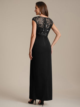 Cap Sleeves Asymmetrical Sequin Bodycon Maxi Length Wedding Guest Dresses