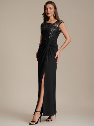 Cap Sleeves Asymmetrical Sequin Bodycon Maxi Length Wedding Guest Dresses