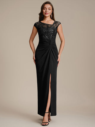 Cap Sleeves Asymmetrical Sequin Bodycon Maxi Length Wedding Guest Dresses