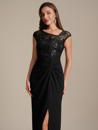 Cap Sleeves Asymmetrical Sequin Bodycon Maxi Length Wedding Guest Dresses