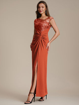 Cap Sleeves Asymmetrical Sequin Bodycon Maxi Length Wedding Guest Dresses