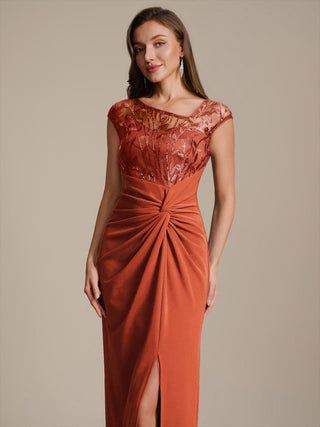 Cap Sleeves Asymmetrical Sequin Bodycon Maxi Length Wedding Guest Dresses