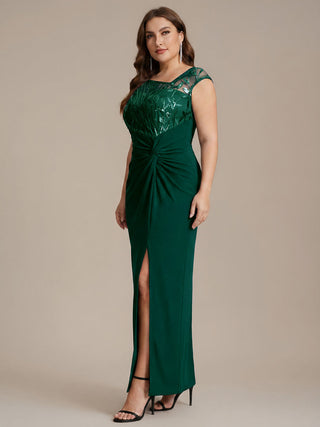 Cap Sleeves Asymmetrical Sequin Bodycon Maxi Length Wedding Guest Dresses