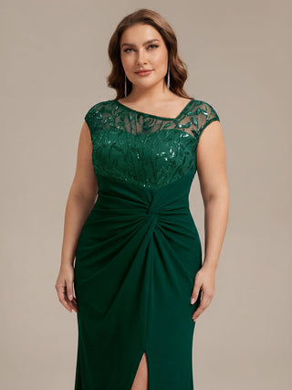 Cap Sleeves Asymmetrical Sequin Bodycon Maxi Length Wedding Guest Dresses