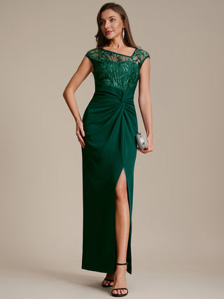 Cap Sleeves Asymmetrical Sequin Bodycon Maxi Length Wedding Guest Dresses