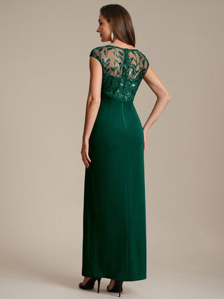 Cap Sleeves Asymmetrical Sequin Bodycon Maxi Length Wedding Guest Dresses