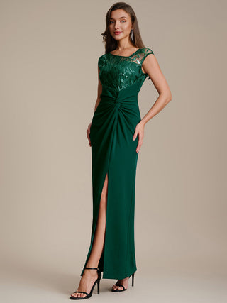 Cap Sleeves Asymmetrical Sequin Bodycon Maxi Length Wedding Guest Dresses
