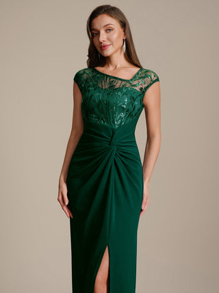 Cap Sleeves Asymmetrical Sequin Bodycon Maxi Length Wedding Guest Dresses