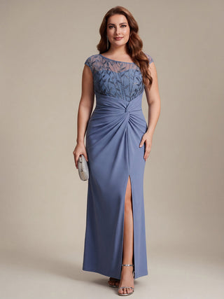 Cap Sleeves Asymmetrical Sequin Bodycon Maxi Length Wedding Guest Dresses