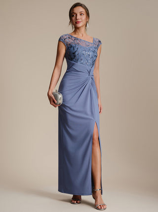 Cap Sleeves Asymmetrical Sequin Bodycon Maxi Length Wedding Guest Dresses