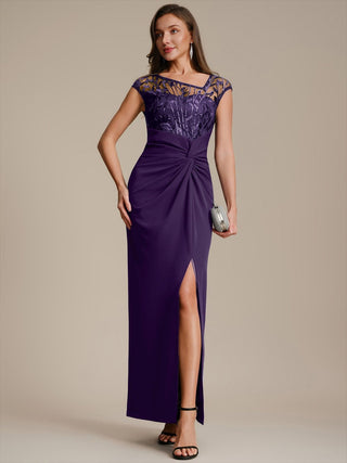 Cap Sleeves Asymmetrical Sequin Bodycon Maxi Length Wedding Guest Dresses