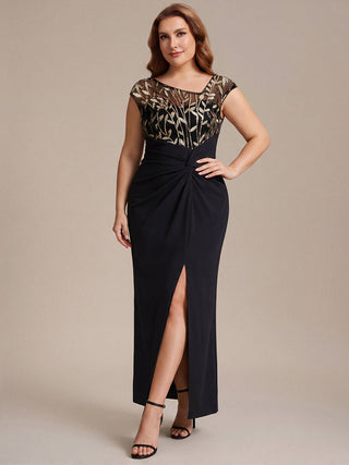 Cap Sleeves Asymmetrical Sequin Bodycon Maxi Length Wedding Guest Dresses