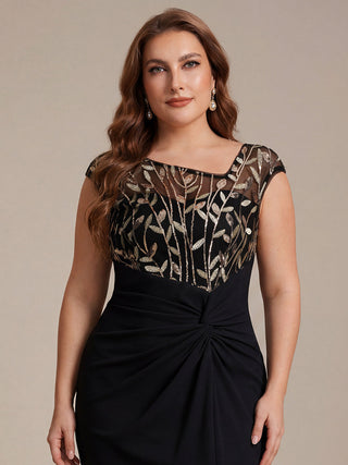 Cap Sleeves Asymmetrical Sequin Bodycon Maxi Length Wedding Guest Dresses