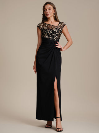 Cap Sleeves Asymmetrical Sequin Bodycon Maxi Length Wedding Guest Dresses