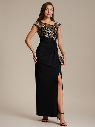 Cap Sleeves Asymmetrical Sequin Bodycon Maxi Length Wedding Guest Dresses
