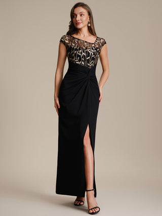 Cap Sleeves Asymmetrical Sequin Bodycon Maxi Length Wedding Guest Dresses
