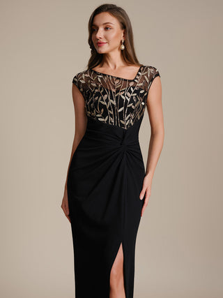 Cap Sleeves Asymmetrical Sequin Bodycon Maxi Length Wedding Guest Dresses