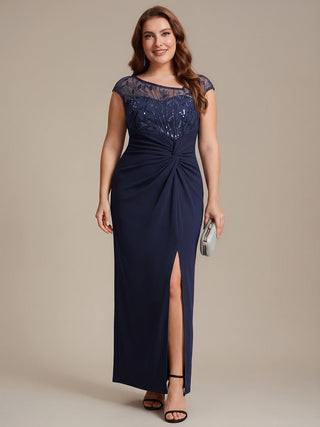 Cap Sleeves Asymmetrical Sequin Bodycon Maxi Length Wedding Guest Dresses