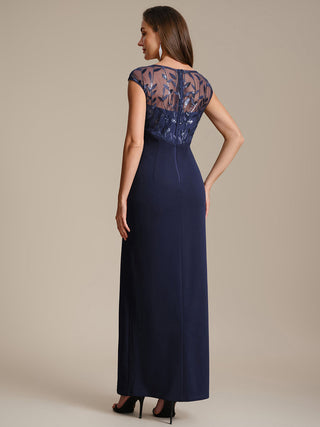 Cap Sleeves Asymmetrical Sequin Bodycon Maxi Length Wedding Guest Dresses