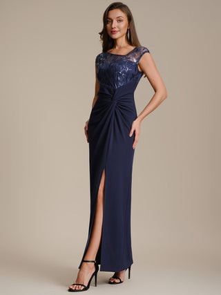 Cap Sleeves Asymmetrical Sequin Bodycon Maxi Length Wedding Guest Dresses