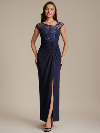 Cap Sleeves Asymmetrical Sequin Bodycon Maxi Length Wedding Guest Dresses