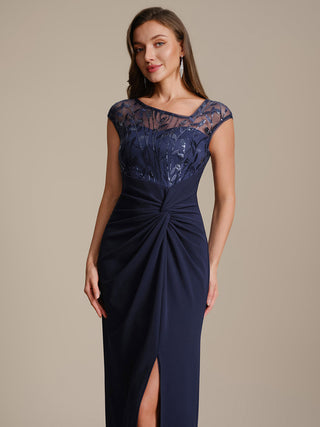 Cap Sleeves Asymmetrical Sequin Bodycon Maxi Length Wedding Guest Dresses
