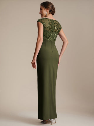Cap Sleeves Asymmetrical Sequin Bodycon Maxi Length Wedding Guest Dresses