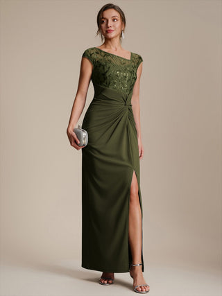 Cap Sleeves Asymmetrical Sequin Bodycon Maxi Length Wedding Guest Dresses