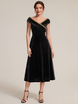 Commercial Plus Size Sleeveless Velvet V-Neck Sequin A-Line Wedding Guest Dresses