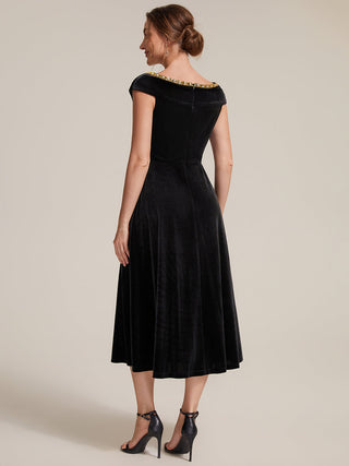 Commercial Plus Size Sleeveless Velvet V-Neck Sequin A-Line Wedding Guest Dresses