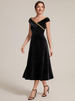 Commercial Plus Size Sleeveless Velvet V-Neck Sequin A-Line Wedding Guest Dresses