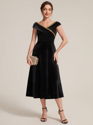 Commercial Plus Size Sleeveless Velvet V-Neck Sequin A-Line Wedding Guest Dresses