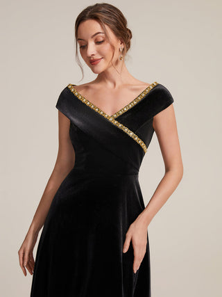 Commercial Plus Size Sleeveless Velvet V-Neck Sequin A-Line Wedding Guest Dresses