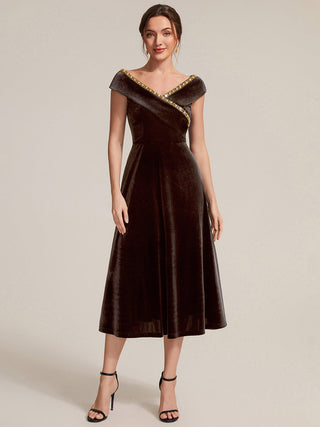 Commercial Plus Size Sleeveless Velvet V-Neck Sequin A-Line Wedding Guest Dresses