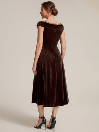 Commercial Plus Size Sleeveless Velvet V-Neck Sequin A-Line Wedding Guest Dresses