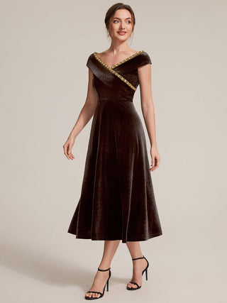 Commercial Plus Size Sleeveless Velvet V-Neck Sequin A-Line Wedding Guest Dresses