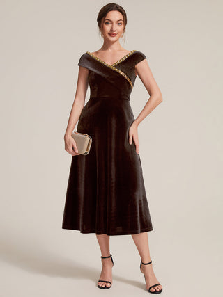 Commercial Plus Size Sleeveless Velvet V-Neck Sequin A-Line Wedding Guest Dresses