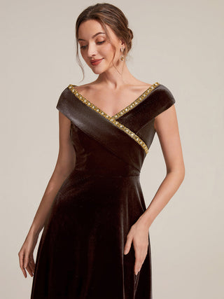Commercial Plus Size Sleeveless Velvet V-Neck Sequin A-Line Wedding Guest Dresses