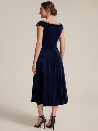 Commercial Plus Size Sleeveless Velvet V-Neck Sequin A-Line Wedding Guest Dresses